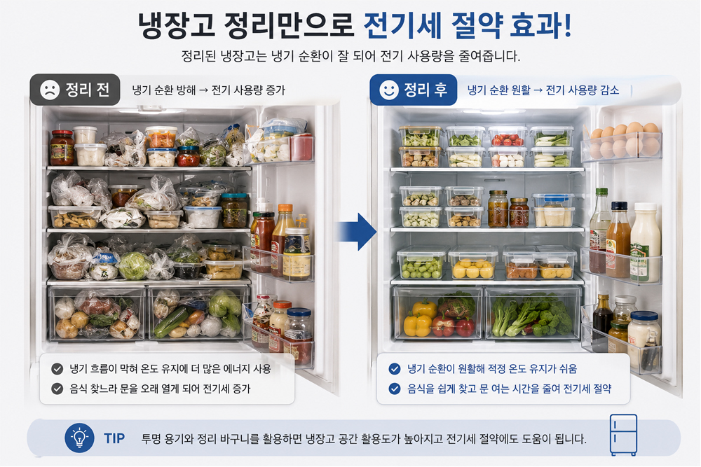 냉장고 정리 전후를 비교한 이미지. 정리되지 않은 냉장고와 투명 정리용기로 깔끔하게 정리된 냉장고를 비교해 냉기 순환, 식재료 관리, 문 여는 시간 단축, 냉장고 전기세 절약 효과를 설명하는 인포그래픽.