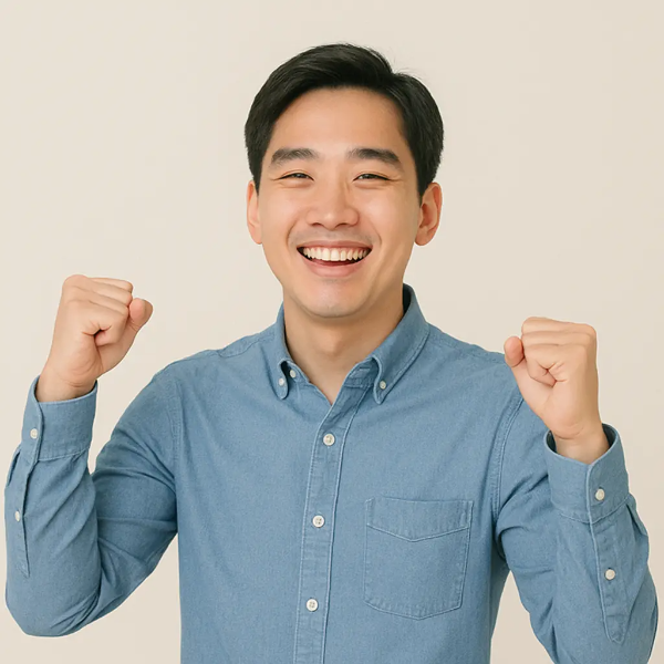 지원 혜택에 기뻐하며 두 주먹을 들어올리는 한국인 남성 이미지