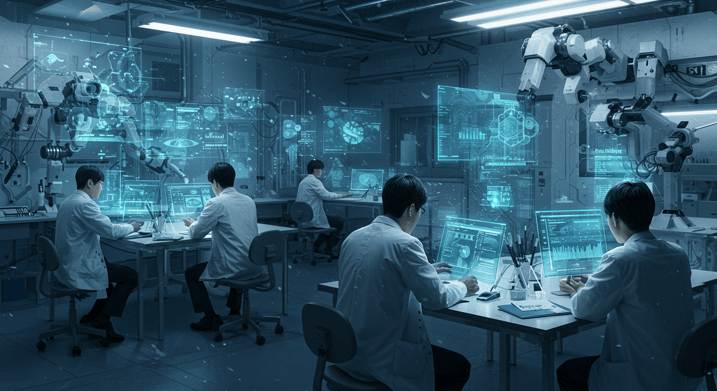 미래적인 연구소에서 AI 기술을 개발하는 한국 연구원들 모습 1