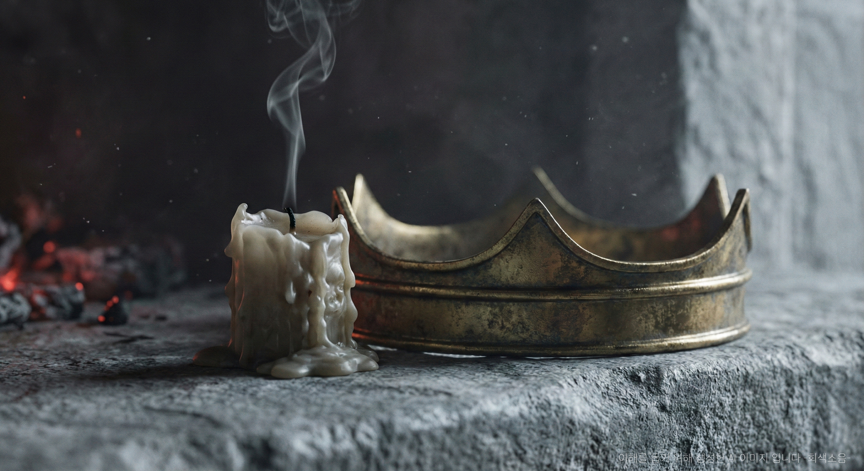 차갑게 식은 돌바닥 위에 연기 가느다란 녹아내린 촛불과 빛 바랜 무거운 왕관이 놓여 질감과 허무함이 강조된 매크로 장면.