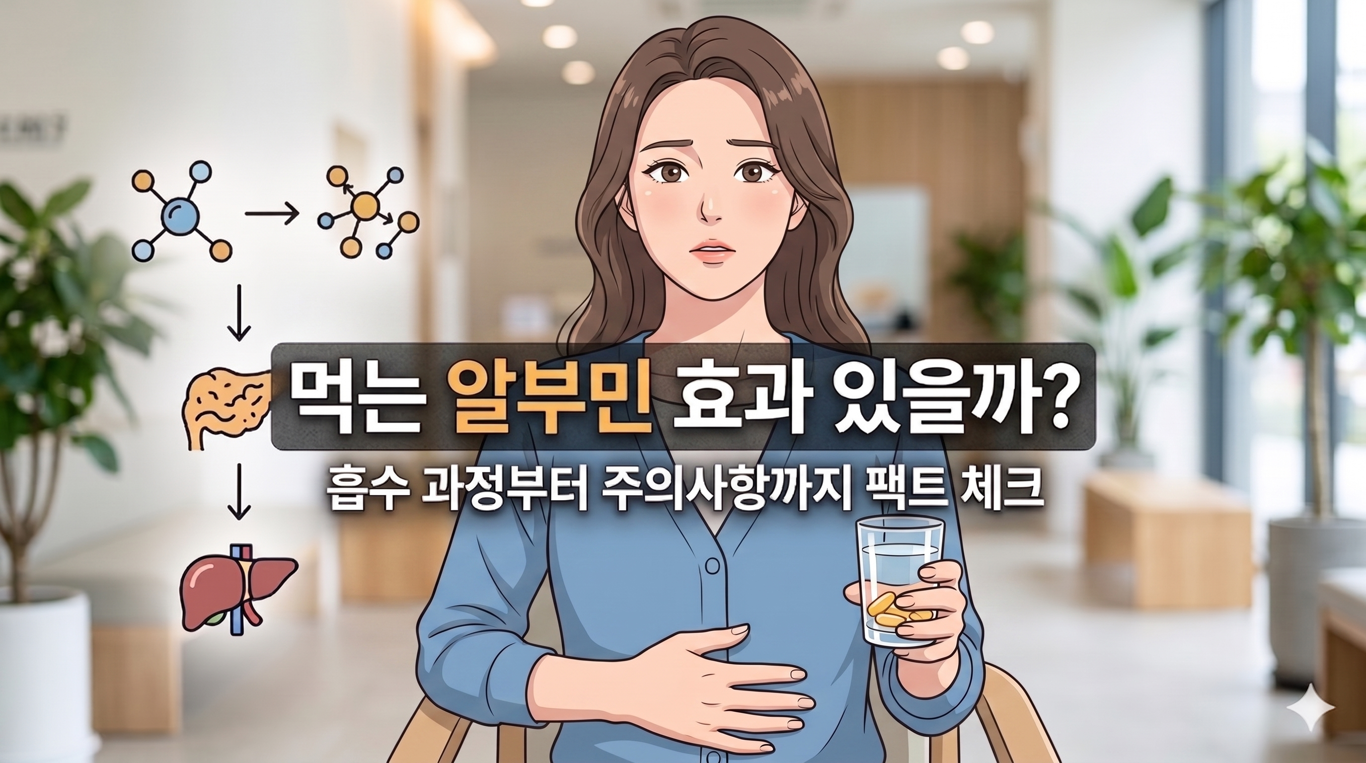 알부민 효과 있을까란 질문과 함께 의아해 하는 물잔을 들고 있는 여성 만화캐릭터 이미지