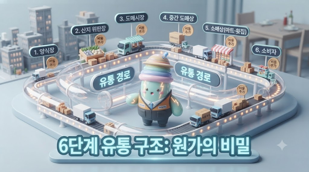 쫀쿠가 거대한 컨베이어 벨트 앞에 서서 복잡한 수산물 유통 과정을 입체적인 인포그래픽으로 보여줍니다. 컨베이어 벨트는 '양식장', '산지 위판장', '도매시장', '중간 도매상', '마트&middot;횟집', '소비자'로 이어지는 6단계를 거치며 각 단계마다 가격이 점차 상승하는 모습을 보여줍니다. 쫀쿠가 최종 소비자가격표를 보며 놀라고 있습니다.