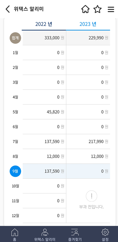 위택스알리미-지방세납부내역조회-상세내역