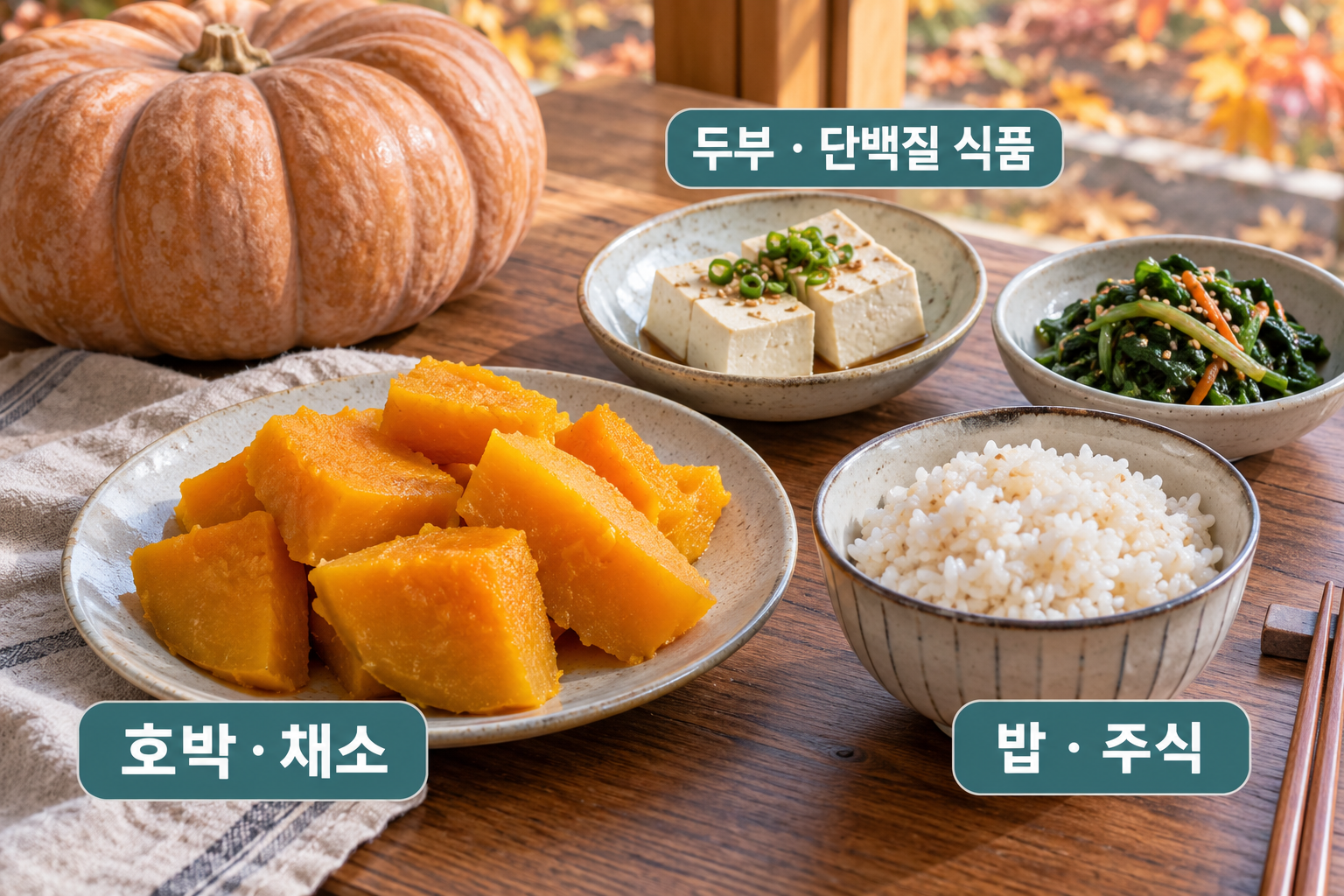 찐 늙은호박&middot;밥&middot;두부와 푸른 채소를 함께 담은 가을 식탁.