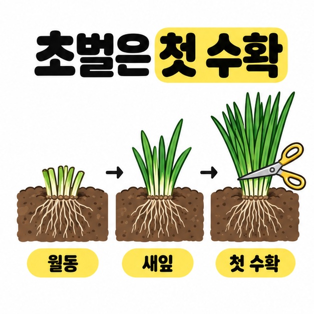 땅속 뿌리를 남긴 부추가 월동 후 새잎을 키워 첫 수확에 이르는 과정을 화살표와 가위로 보여주는 도식