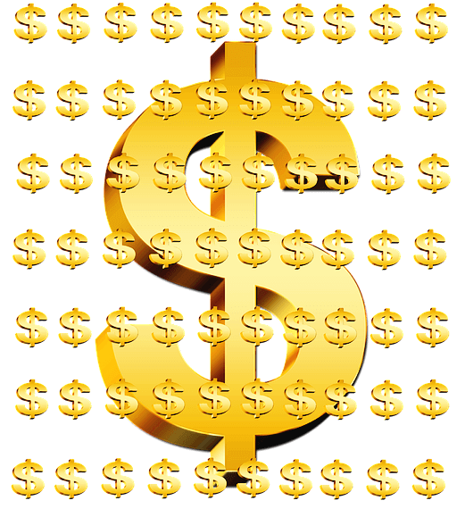 커다란 달러 마크가 중앙에 있고 전체적으로 아주 작은 달러 마크들이 줄지어 있다. 모두 금색이다.