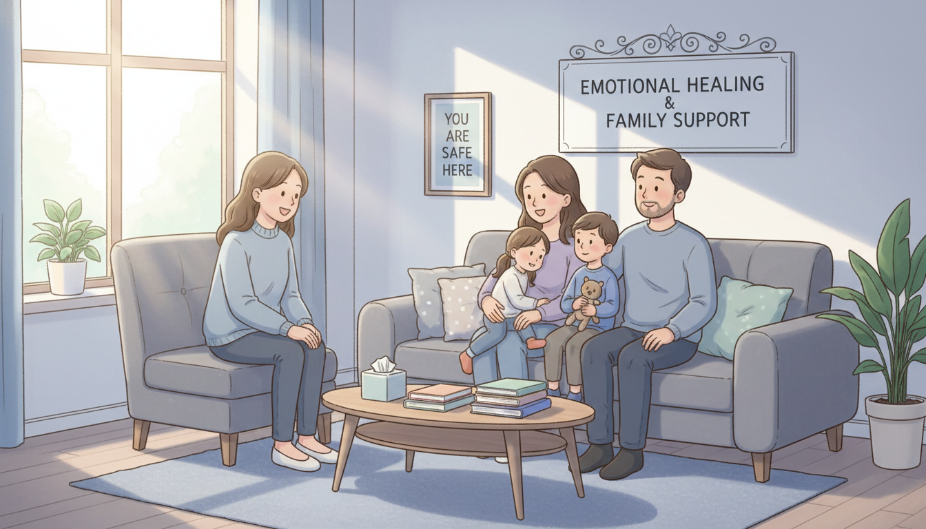 발달장애 가족이 따뜻한 분위기 속에서 심리 상담을 받고 있는 모습