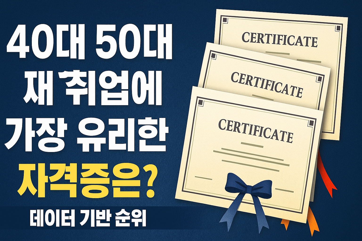 40대와 50대 재취업에 유리한 자격증 순위를 주제로 한 썸네일 이미지로, 파란 배경 위에 세 장의 자격증 그림과 함께 ‘40대 50대 재취업에 가장 유리한 자격증은? 데이터 기반 순위’라는 문구가 강조되어 있음.