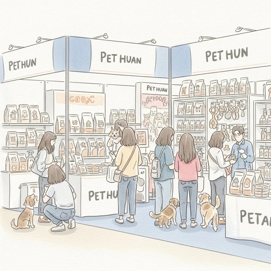 다양한 반려동물 브랜드 부스에서 제품을 구경하는 사람들