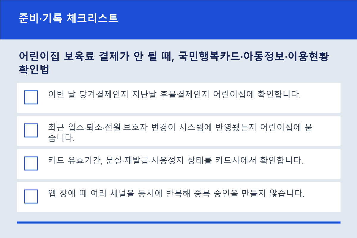 어린이집 보육료 결제가 안 될 때, 국민행복카드&middot;아동정보&middot;이용현황 확인법 준비&middot;기록 체크리스트 정보 이미지