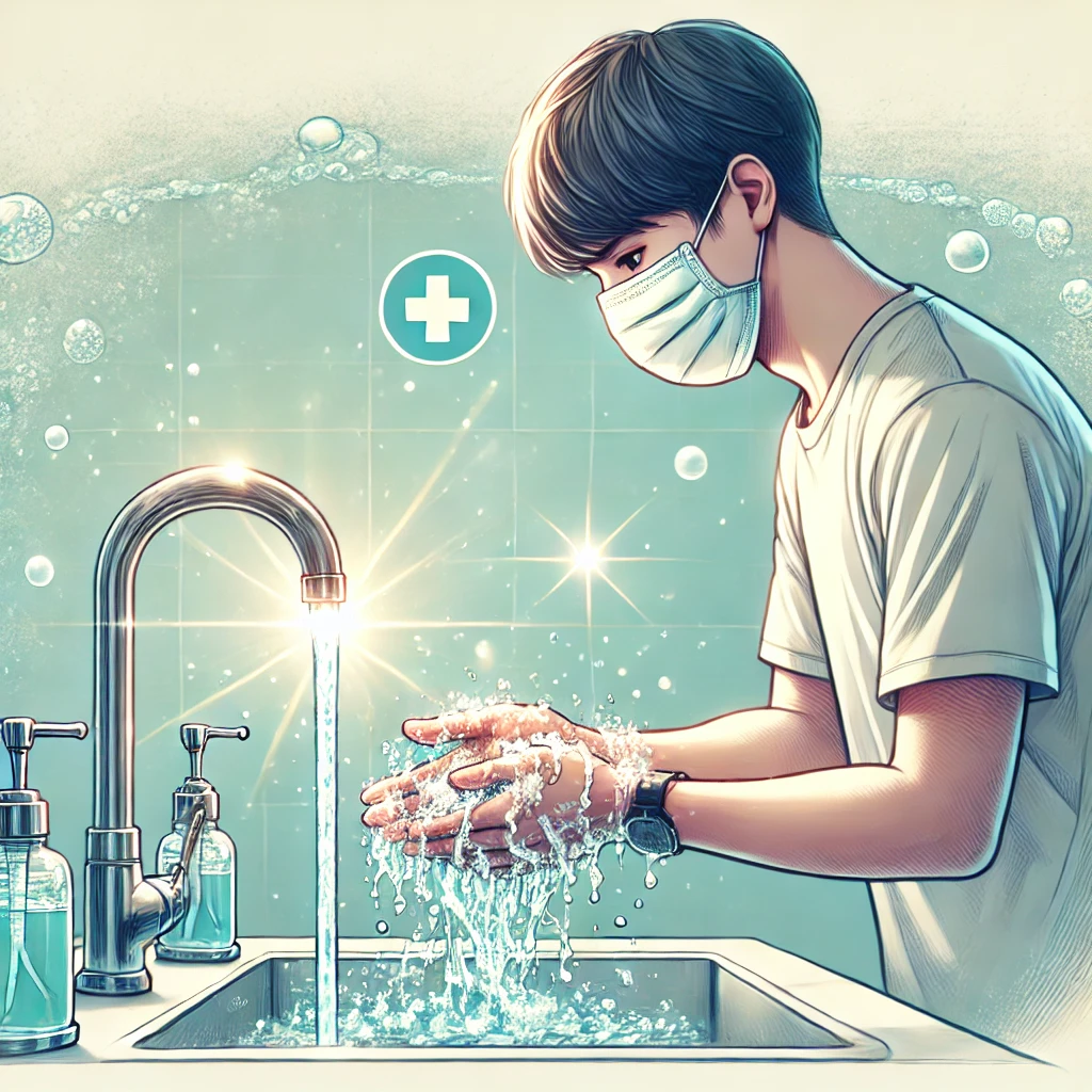 독감 차단을 위한 마스크와 손 씻기 장면의 이미지