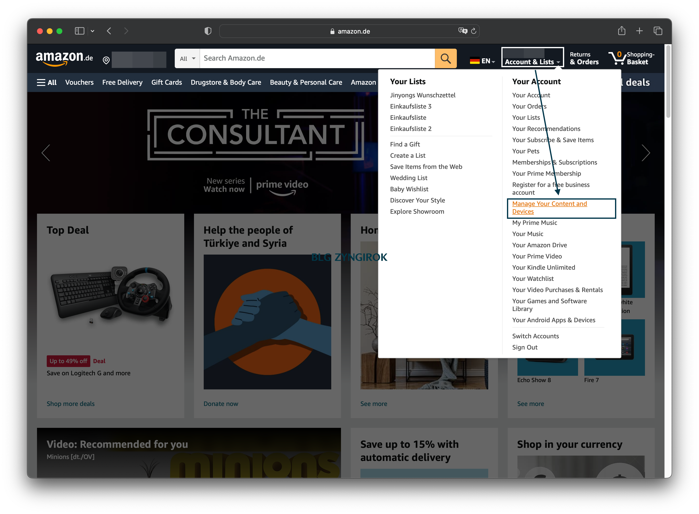 아마존 웹페이지에 로그인한 뒤 계정 정보를 눌러 드롭다운 메뉴가 열린 모습이다.