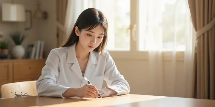 위고비 주사기를 바라보며 고민하는 여성의 모습