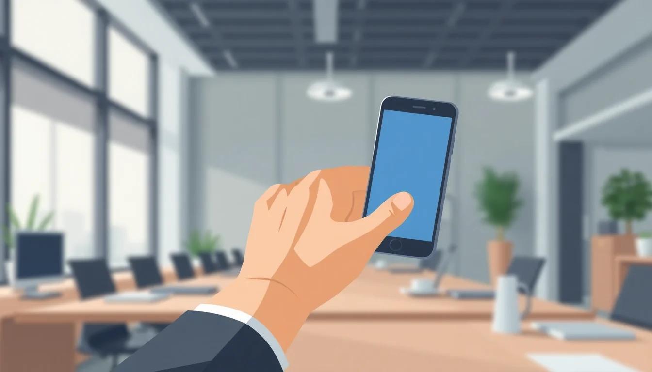 회의실에서 스마트폰을 들고 있는 사람의 손.