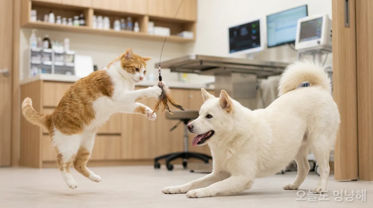 건강하게 뛰어노는 한국 고양이와 강아지