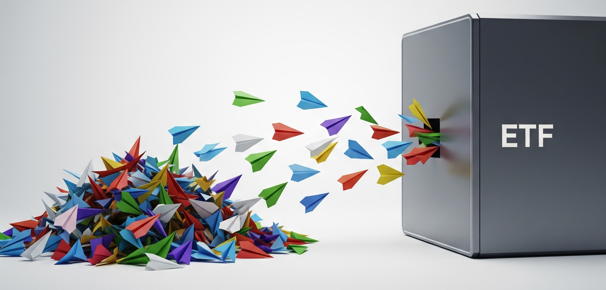 여러 개의 개별 주식 아이콘이 하나의 ETF 바구니로 합쳐지는 이미지