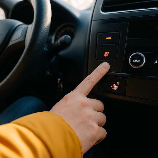 자동차 열선 버튼을 누르는 운전자의 손, 겨울철 따뜻한 차량 내부