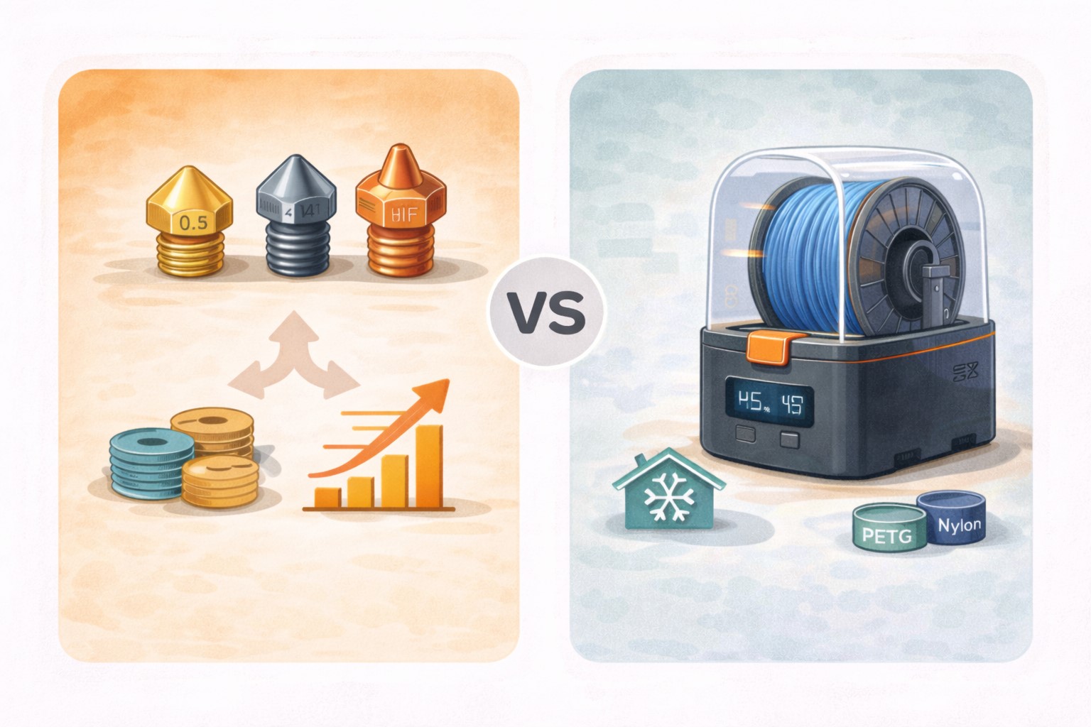 3D 프린터 필수 액세서리인 노즐과 필라멘트 건조기의 선택 기준을 비교한 다이어그램 이미지