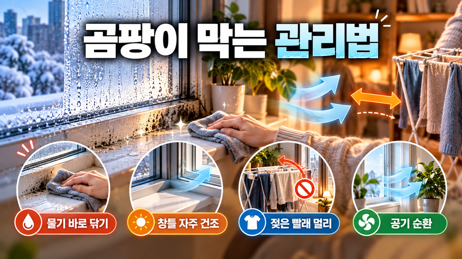 젖은 창틀을 천으로 닦고 말리며 실내 빨래를 창가에서 멀리 두고 공기를 순환시키는 곰팡이 예방 관리법 그림