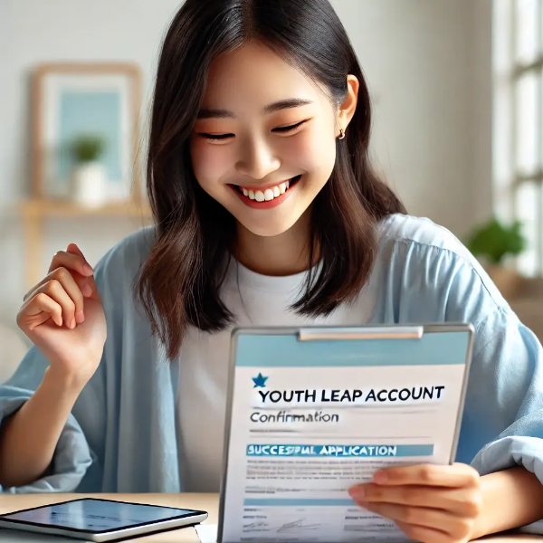 밝은 실내 책상에서 태블릿으로 청년도약계좌 확인서를 보며 안도하는 미소를 짓는 동양인 젊은 여성의 초고해상도 사진