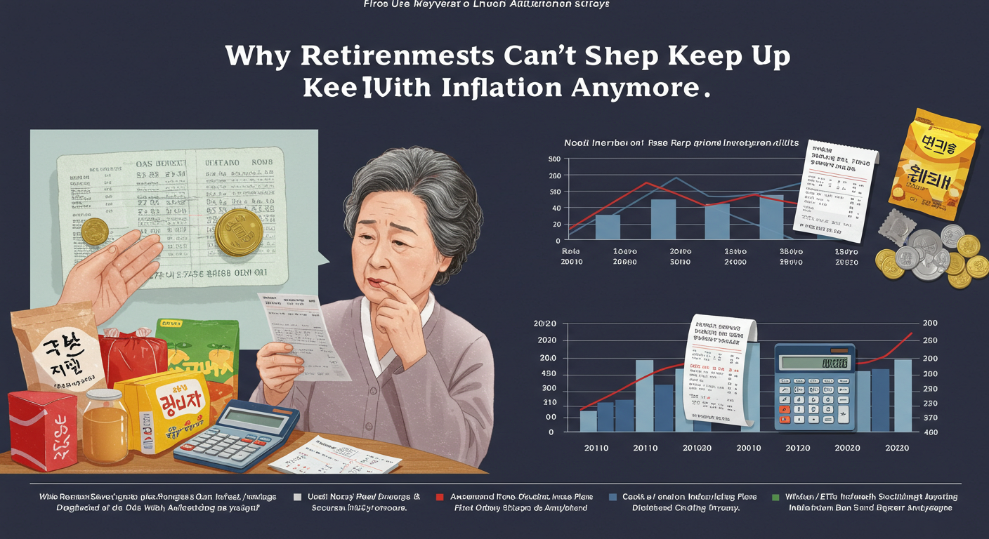 Write a culturally relevant and emotionally resonant blog post titled “Why Retirement Savings Can’t Keep Up with Inflation Anymore.”
Focus on the Korean context, especially for middle-aged or elderly individuals who have been saving through fixed deposits or traditional bank savings accounts.
Begin with a relatable narrative — such as a woman checking her bankbook and realizing her savings don’t go as far as they used to.
Include a table or graph comparing bank interest rates and inflation rates in Korea from 2010 to 2024.
Emphasize the negative real interest rate and the growing gap between nominal savings and actual purchasing power.
Use a reflective, sincere tone that aligns with Korean values such as thrift, security, and fear of burdening one's family.
Present realistic alternatives such as pension accounts, tax-advantaged plans, diversified investments (e.g. ETFs), and inflation-protected assets.
Request realistic Korean-style images such as:

A middle-aged woman looking at her savings passbook with concern

A side-by-side comparison of groceries from 2010 vs 2024

A calculator and a receipt showing higher prices

A line graph showing interest vs inflation
Maintain a tone that is informative yet emotionally understanding. Finish with a hopeful, future-oriented message.