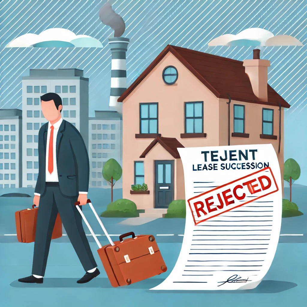 차권 승계를 거부한 후 집을 떠나는 상속인의 모습을 묘사한 그림으로, 짐을 싸들고 있는 사람과 배경의 집, '거부됨'이라고 적힌 문서가 포함되어 있습니다.