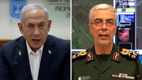 이스라엘 총리 베냐민 네타냐후와 이란 군 수장 모하마드 바게리의 연설 장면