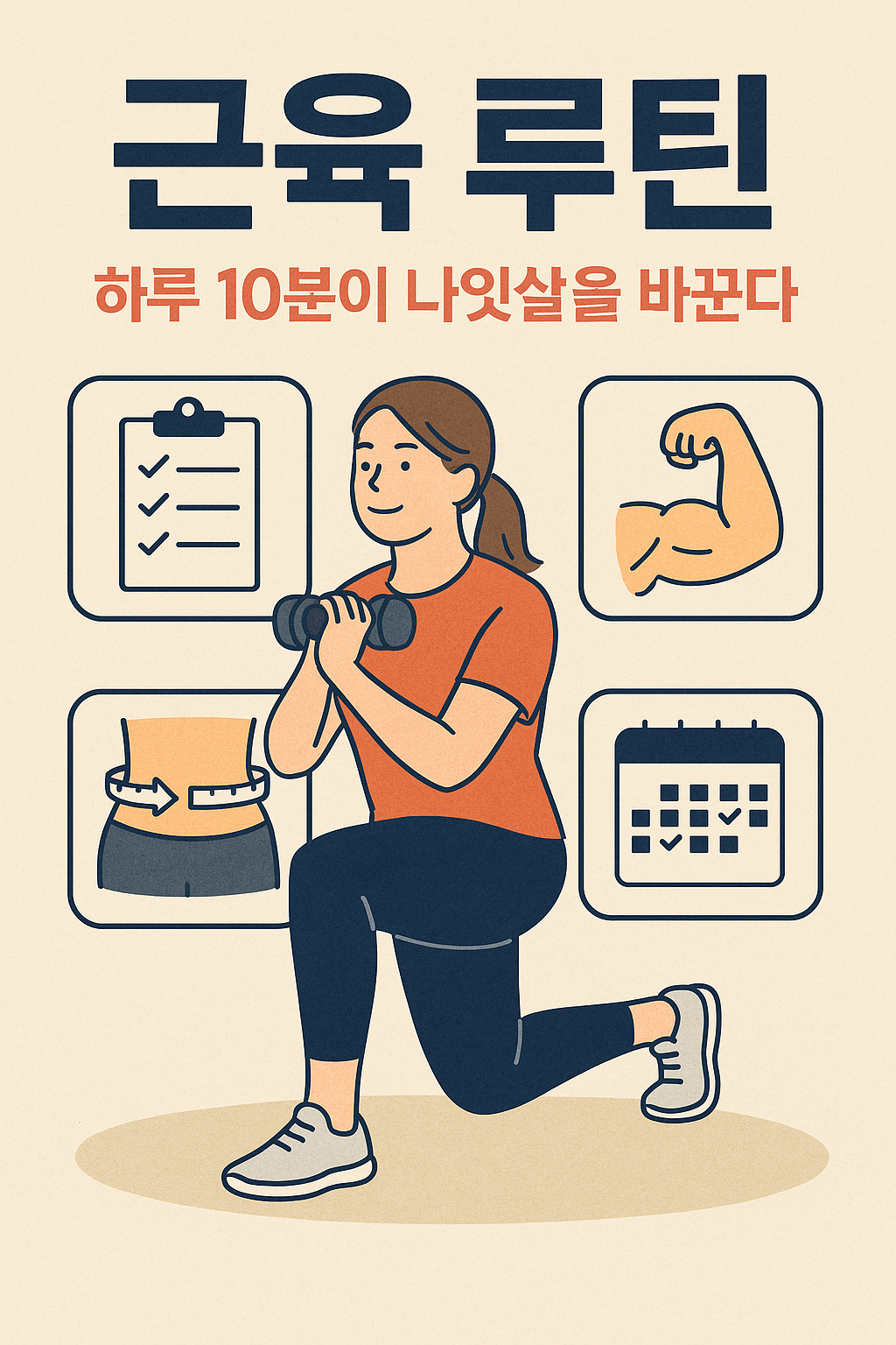 중년 남녀가 집에서 간단한 하체 및 코어 근육 운동을 실천하는 장면 – 덤벨, 플랭크, 체형 변화 아이콘이 포함된 인포그래픽 스타일 일러스트