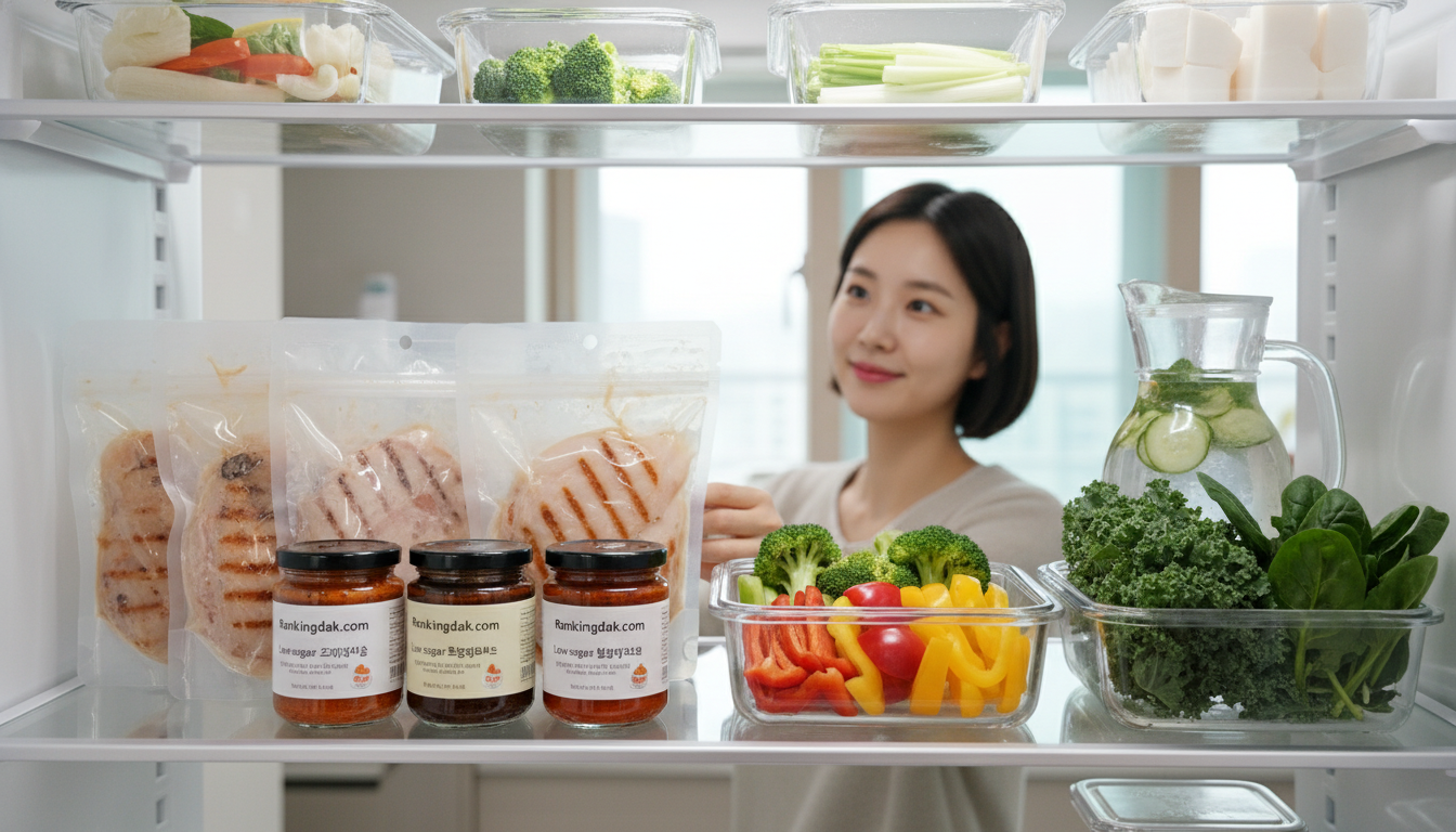 랭킹닭컴 간편식과 신선 채소로 깔끔하게 정리된 냉장고, 바쁜 직장인의 건강한 주간 식단 준비