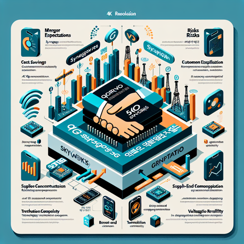 alt="Qorvo와 Skyworks 합병: 시장 기대와 리스크(규제, 고객 집중, 공급망)를 균형 있게 시각화한 인포그래픽—양사 로고, 상승·하락 화살표, 저울 아이콘"