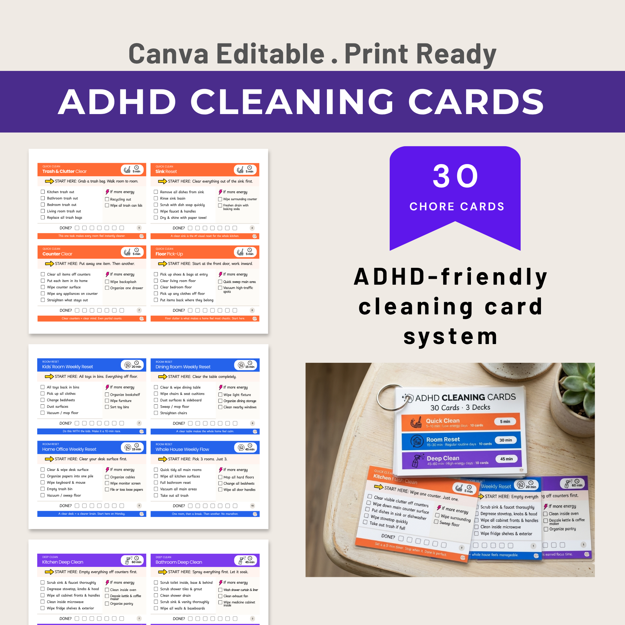 ADHD cleaning cards printable 30 chore cards Canva editable instant download