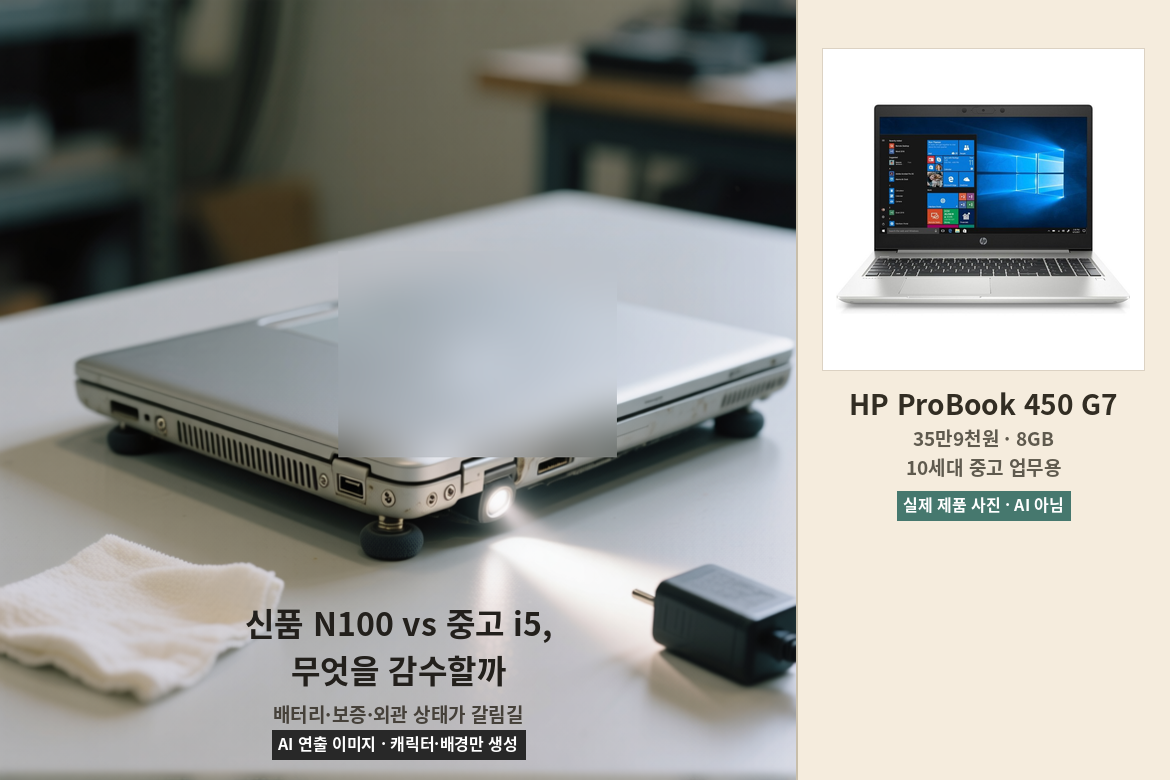 신품 N100 노트북과 중고 10세대 i5 업무용 노트북을 비교하는 장면