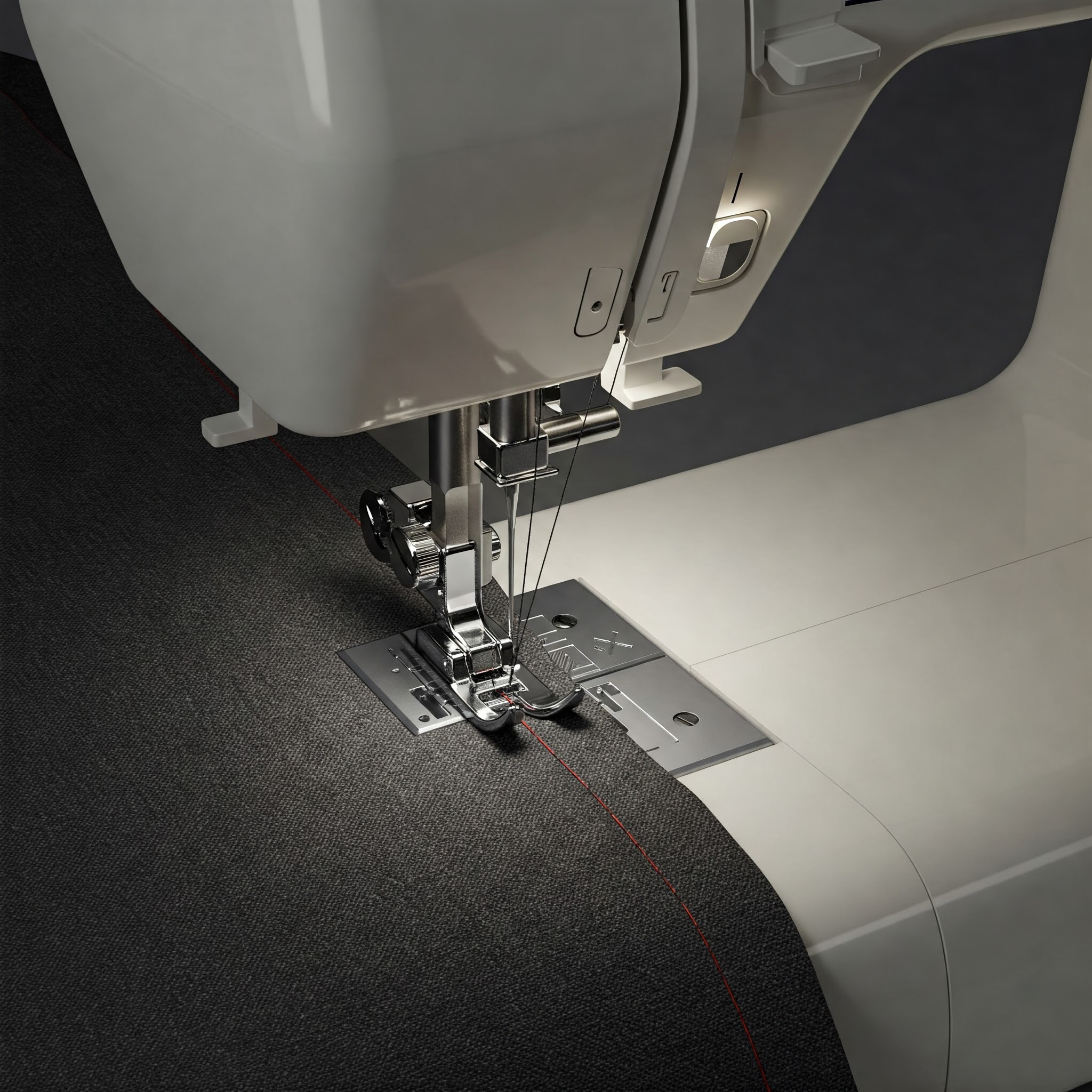 레드실로 직선 박음질을 하고 있다