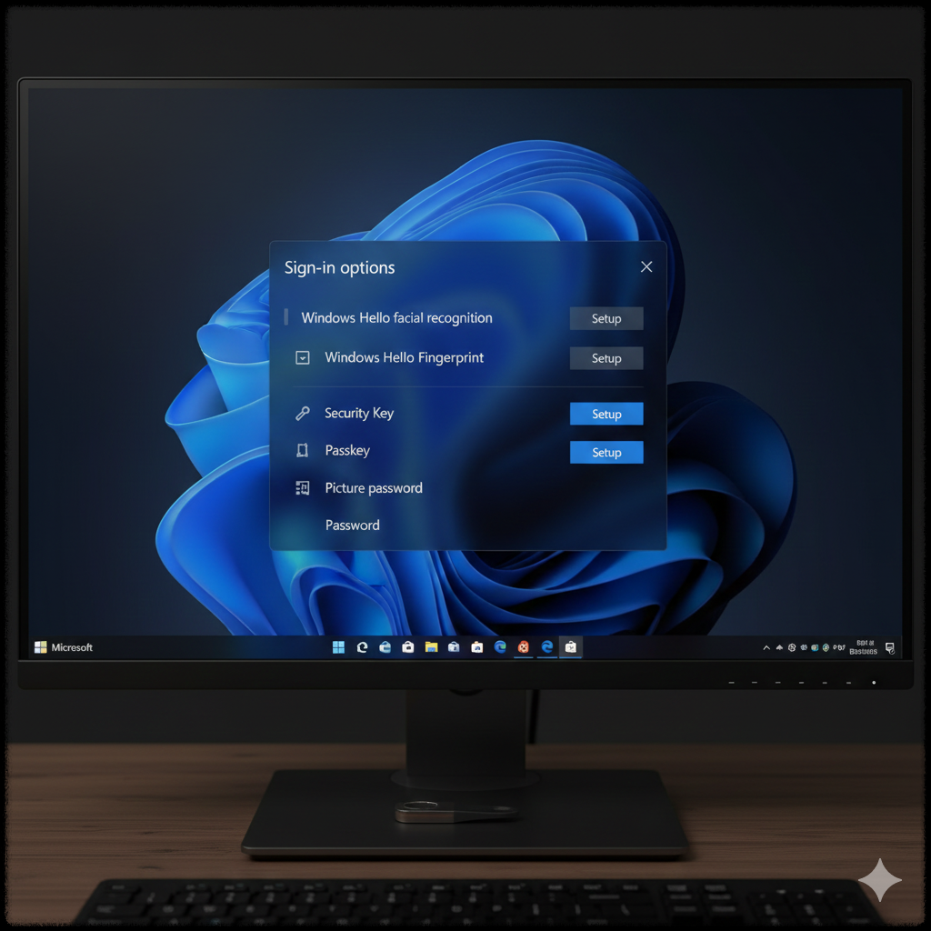 윈도우 11에서 보안 키와 패스키 로그인 옵션을 설정하는 화면