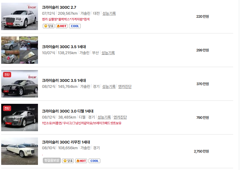 크라이슬러 300C 중고차 가격 시세표 및 유지비