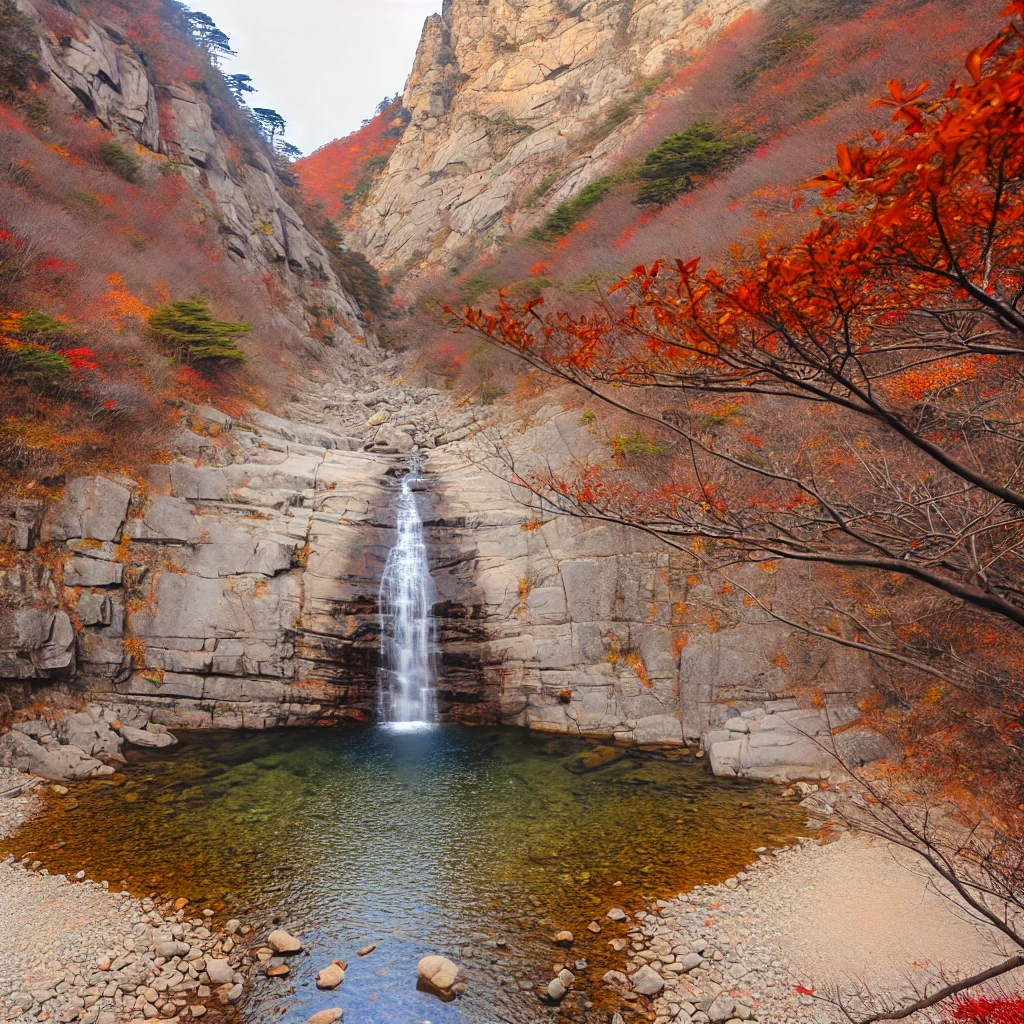 설악산의 가을 산맥과 능선&amp;#44; 붉고 노란 단풍으로 둘러싸인 고요한 강이 반영된 평화로운 풍경.