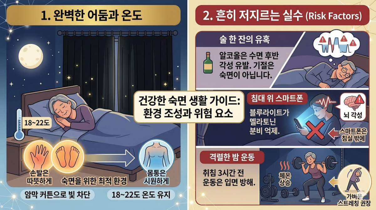 암막 커튼과 낮은 온도로 세팅된 쾌적하고 어두운 침실 환경 이미지