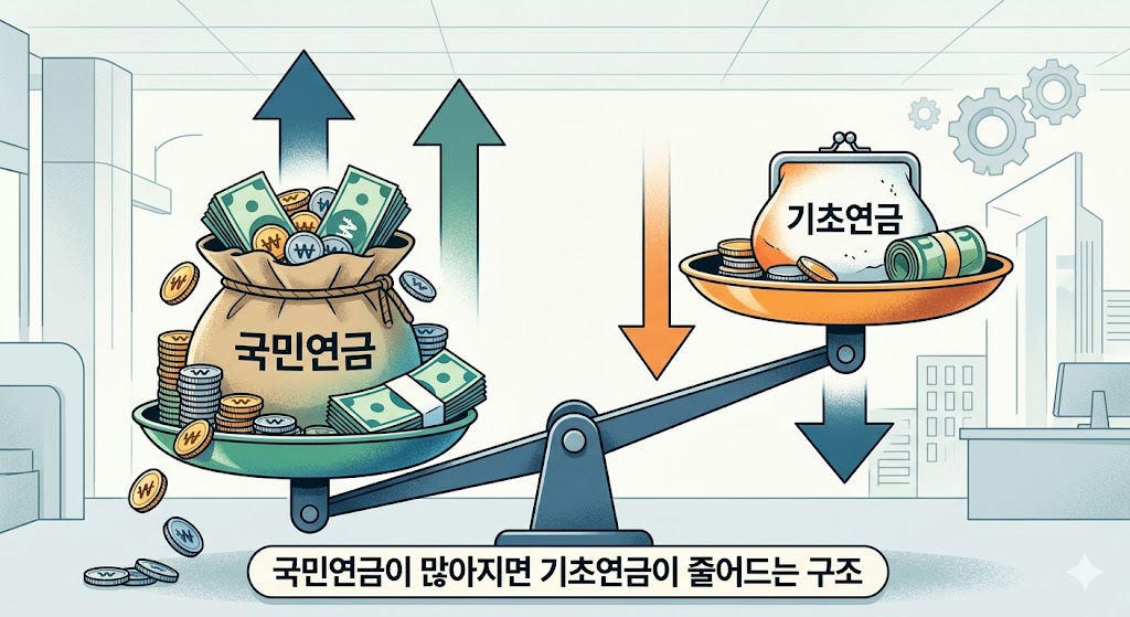 국민연금과 기초연금의 관계를 저울로 표현한 그림, 국민연금이 많아질수록 기초연금이 줄어드는 구조