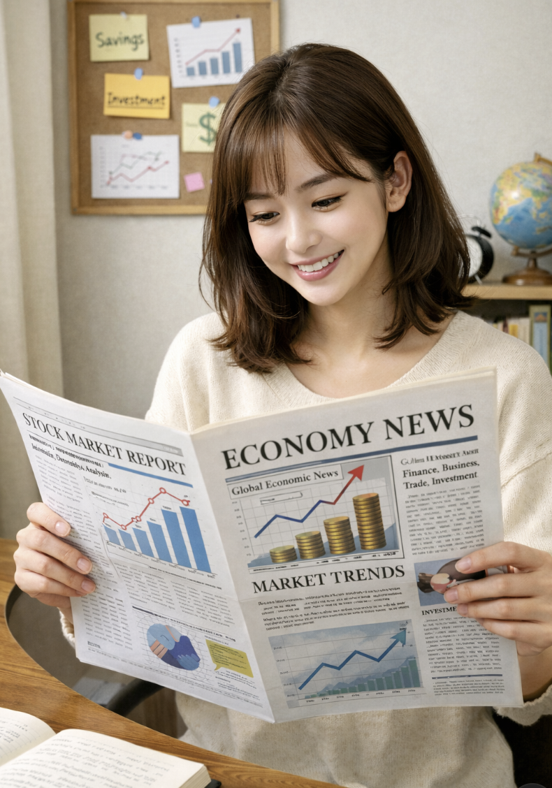 경제 신문을 읽는 여성이미지