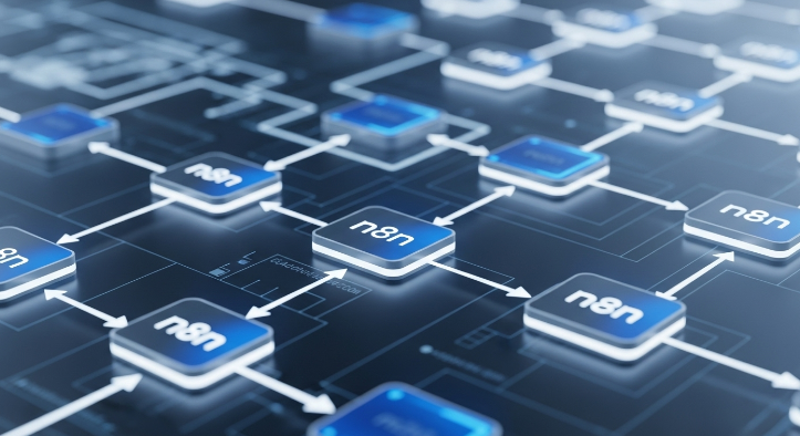 n8n 노드들이 논리적으로 연결되어 데이터가 흐르는 모습을 시각적으로 표현한 이미지. 각 노드는 모듈형 블록처럼 보이며, 입출력 화살표가 명확하다.