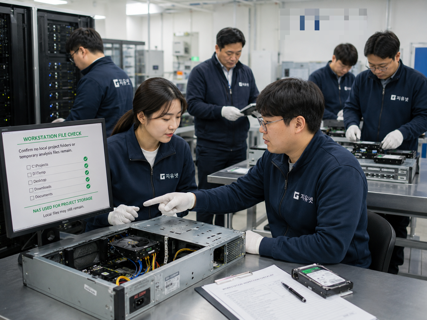 연구소 워크스테이션 교체 후 HDD 데이터파기 전 장비별 저장장치 기록과 백업 확인 결과를 최종 안내하는 장면