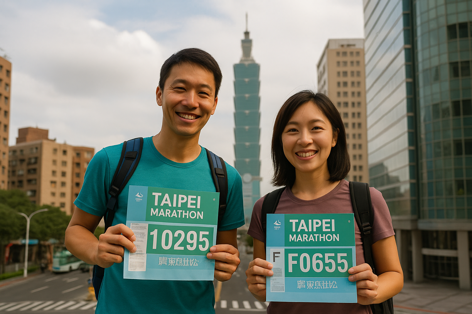 타이베이 101을 배경으로 남녀 러너가 타이베이 마라톤 배번호를 들고 미소 지으며 서 있는 장면.