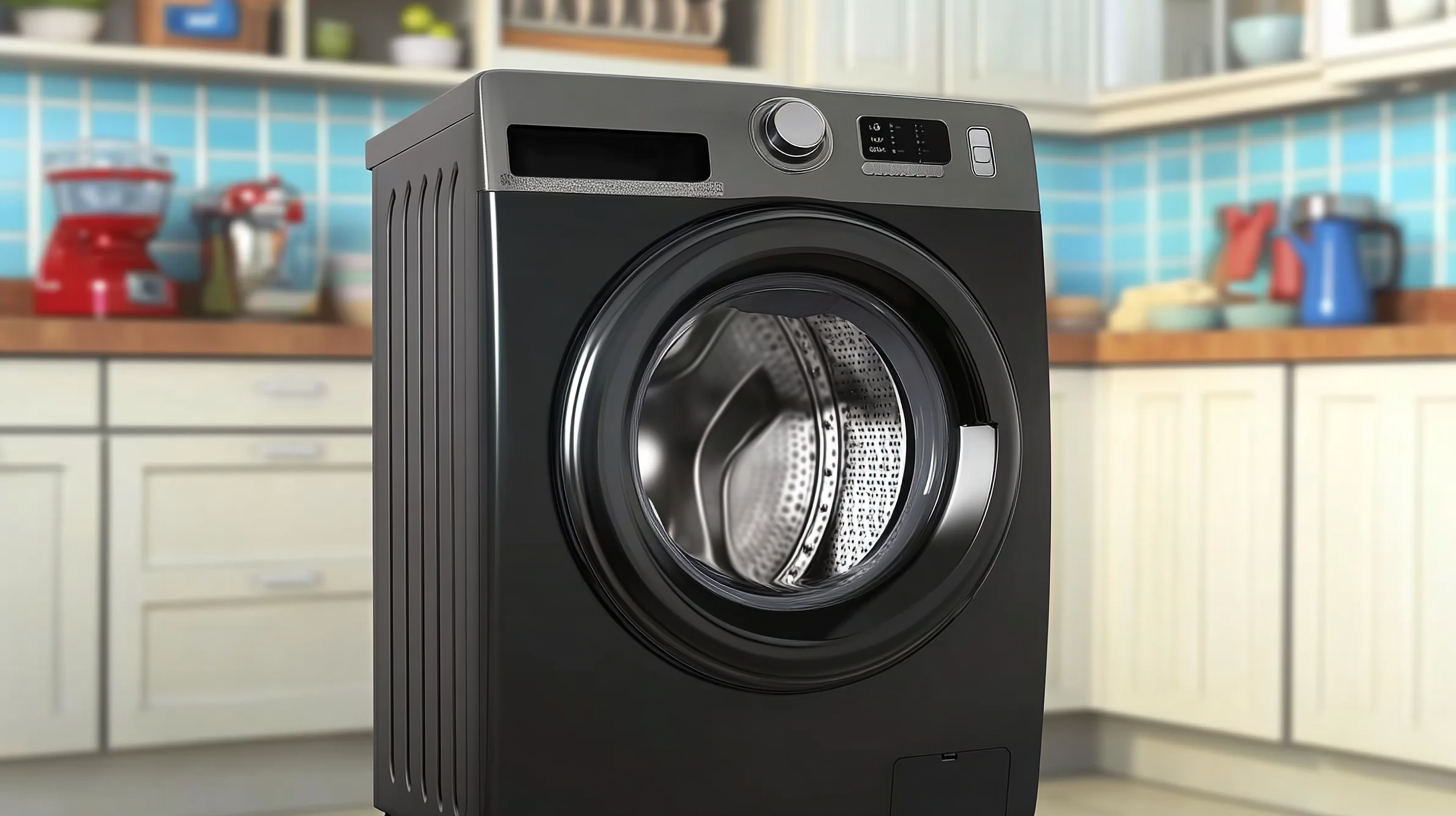밝은 주방 배경에 세련된 디자인을 자랑하는 현대적인 삼성 세탁기