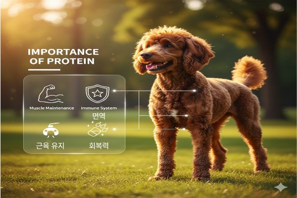 노령견 푸들이 건강하고 튼튼한 근육을 가지고 활력 있는 모습을 보여주며, 단백질이 근육, 면역, 회복에 미치는 긍정적인 영향을 시각적으로 표현한 모습입니다.