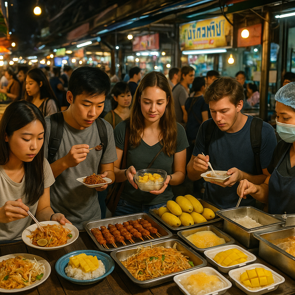 방콕의 야시장 포장마차 앞에서 친구들이 팟타이, 망고 찹쌀밥, 꼬치구이 등을 맛깔나게 즐기는 모습
