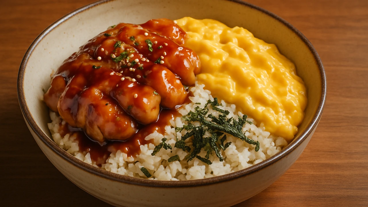 황금빛 치킨마요덮밥과 계란 스크램블이 조화롭게 어우러진 한 그릇의 완성된 모습