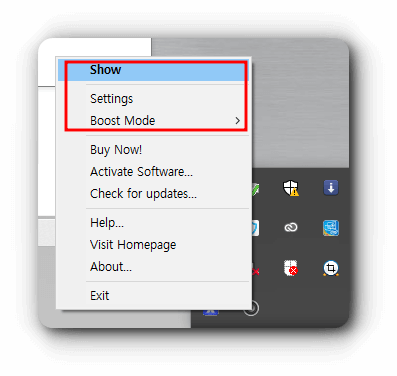 사운드부스터 프로그램을 우클릭하여서 나오는 설정에 관하여 설명하는 사진입니다. show, settings, boostmode가 나열되어있습니다.