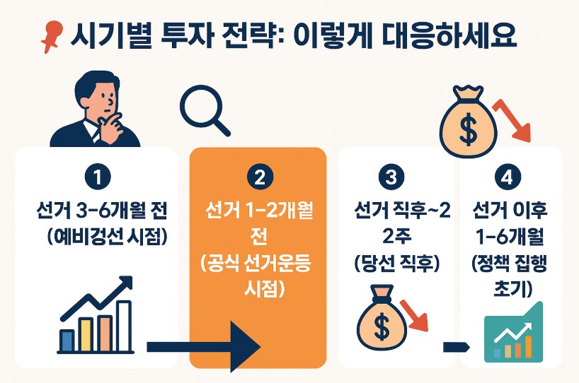 대통령 선거와 증시 변화, 시기별 투자 전략을 표현한 이미지입니다.