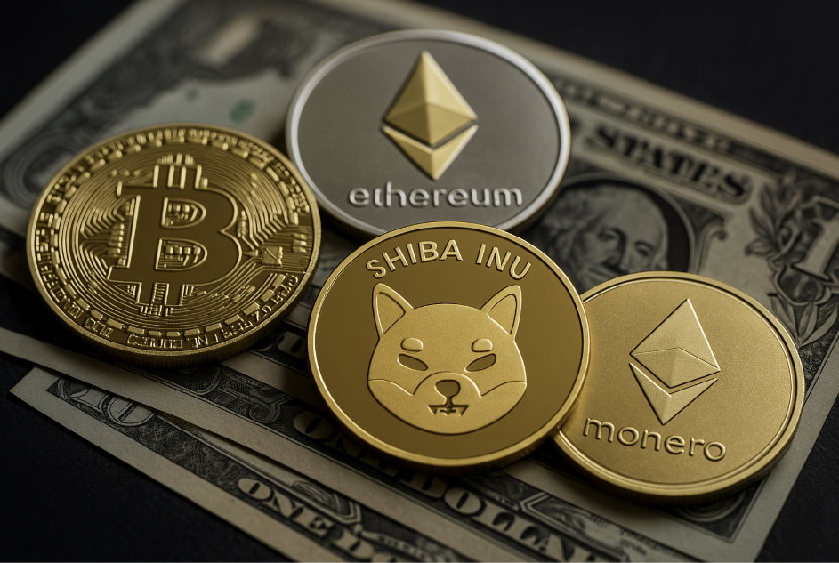 `&quot;비트코인, 이더리움, 시바이누, 모네로 코인이 미국 달러 지폐 위에 놓여 있는 사진. 시바이누 코인이 중심에 배치되어 있고 어두운 배경과 조명이 조화를 이루며 코인의 질감을 강조하고 있다.&quot;`