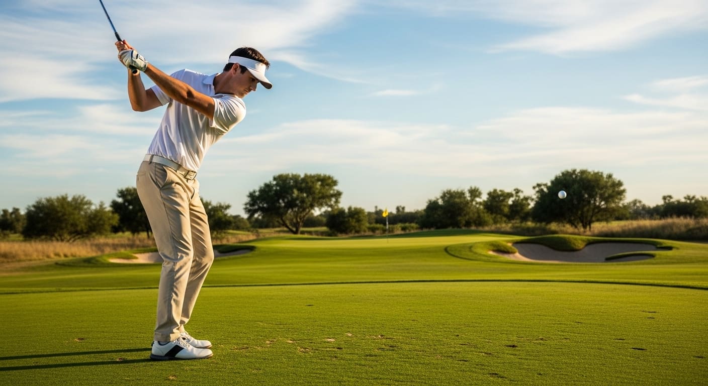 골프 임팩트 후 목표 방향으로 팔로스루하는 골퍼의 역동적이고 균형 잡힌 자세